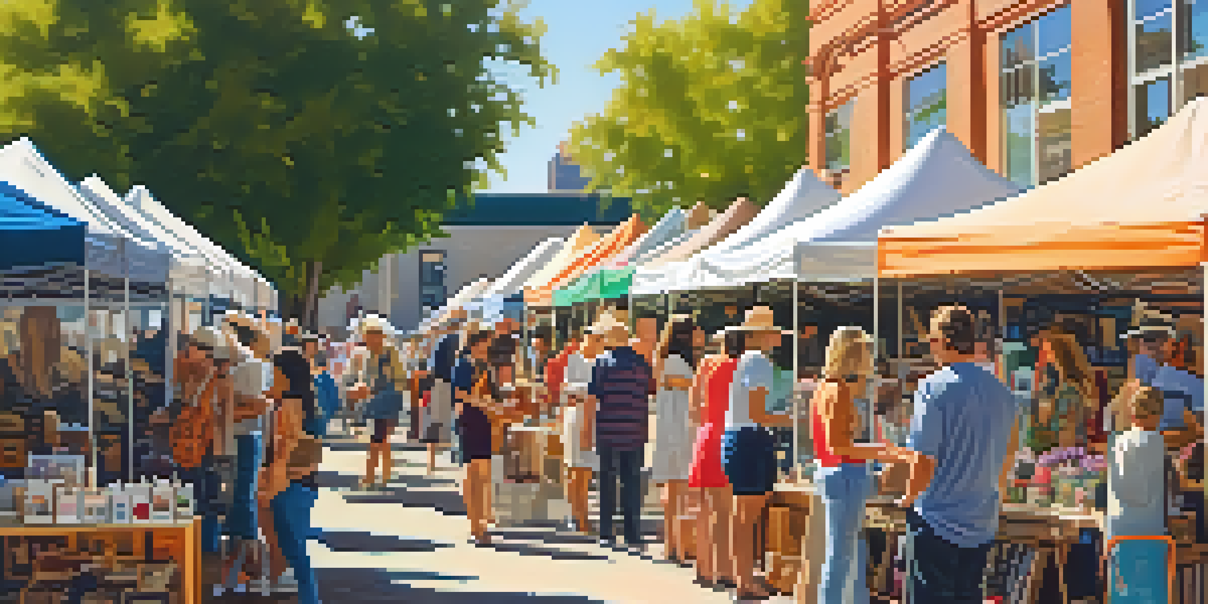 A bustling marketplace at The Dallas Flea with colorful stalls featuring handmade goods and vintage items, surrounded by people enjoying the event in a sunny atmosphere.