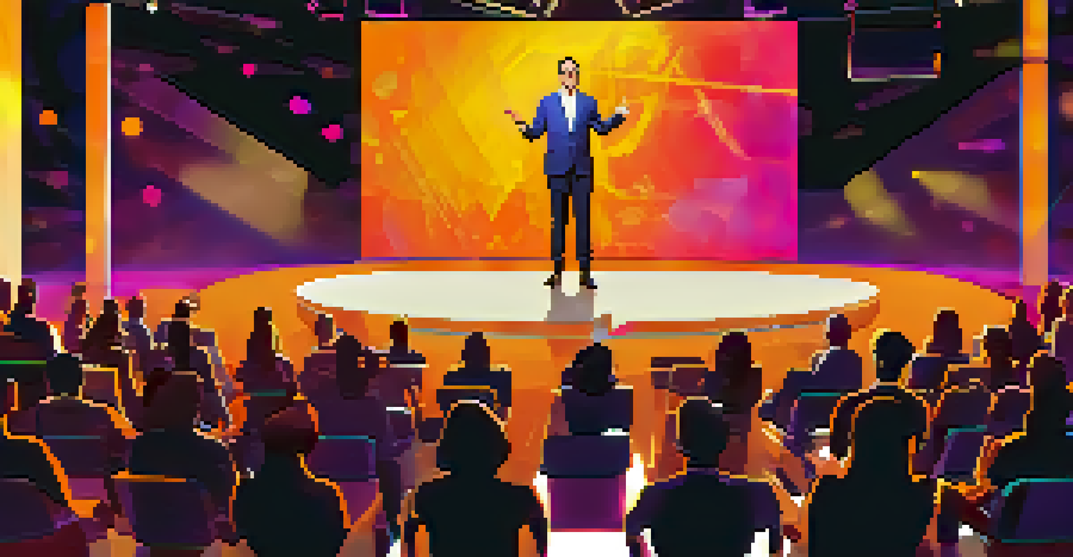 A keynote speaker on stage at a tech festival, with an engaged audience and colorful visuals behind them.