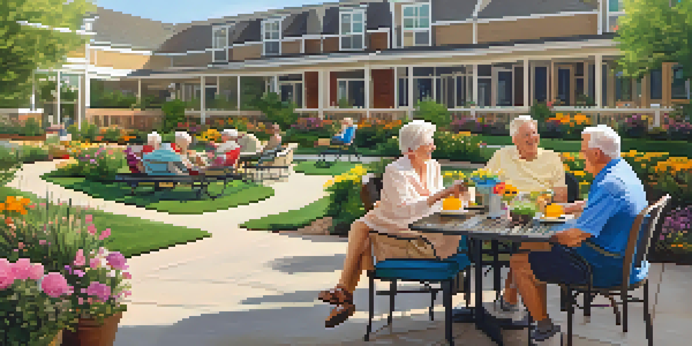 A sunny courtyard in a Dallas retirement community with seniors engaging in gardening, reading, and socializing among colorful flowers and greenery.