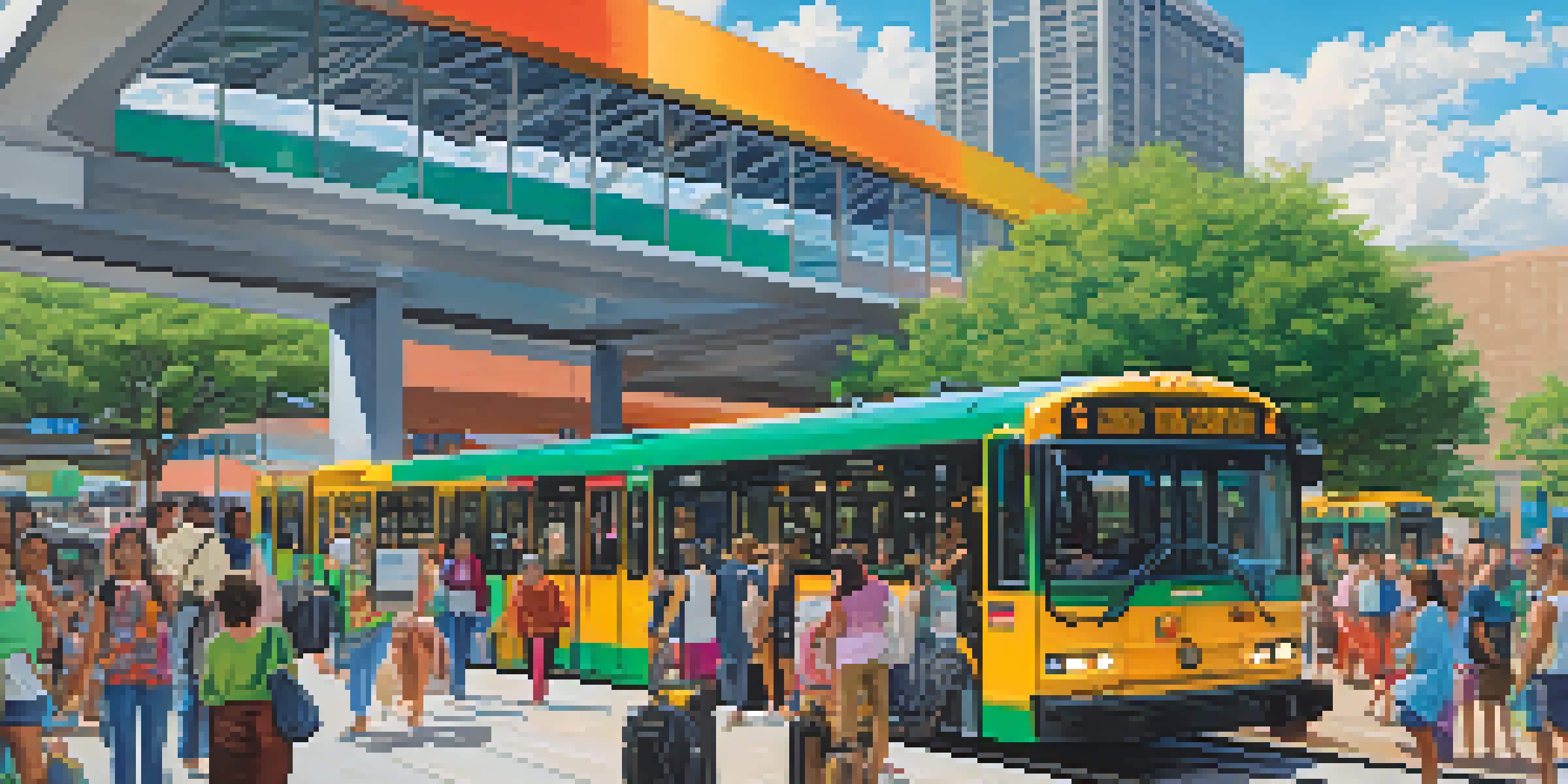 A bustling Dallas public transit station filled with diverse passengers, including individuals with disabilities and families, under a clear blue sky.