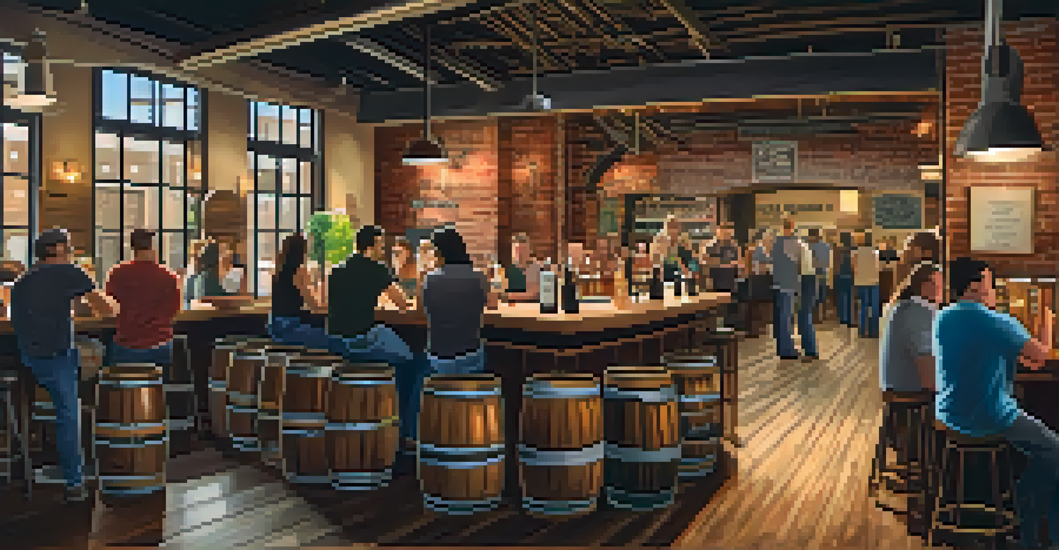 The interior of a craft brewery in Dallas featuring wooden barrels, a bar, and patrons enjoying drinks.