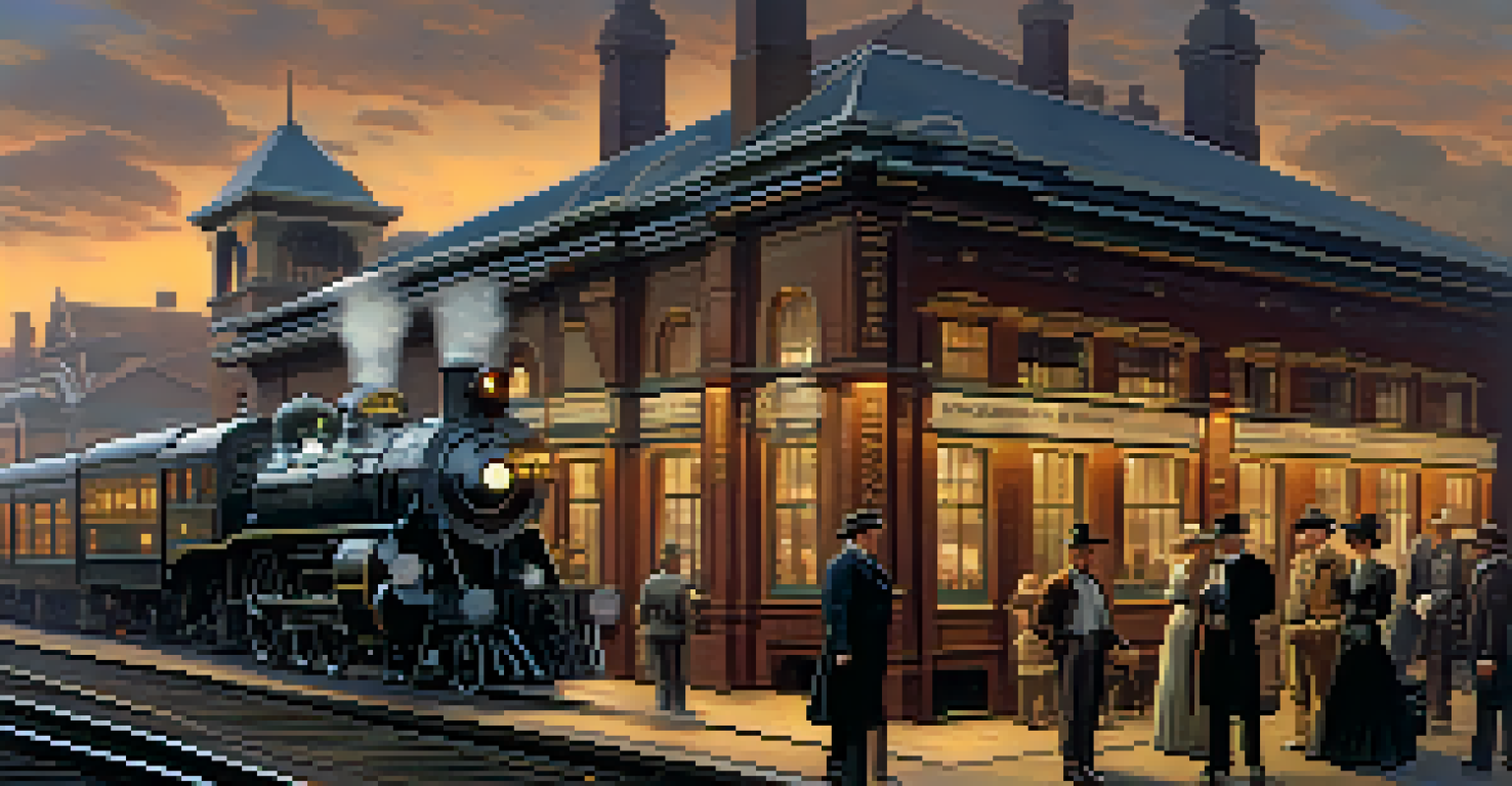 A late 19th-century railroad station in Dallas with steam locomotives, period-dressed passengers, and a warm ambiance from gas lamps.