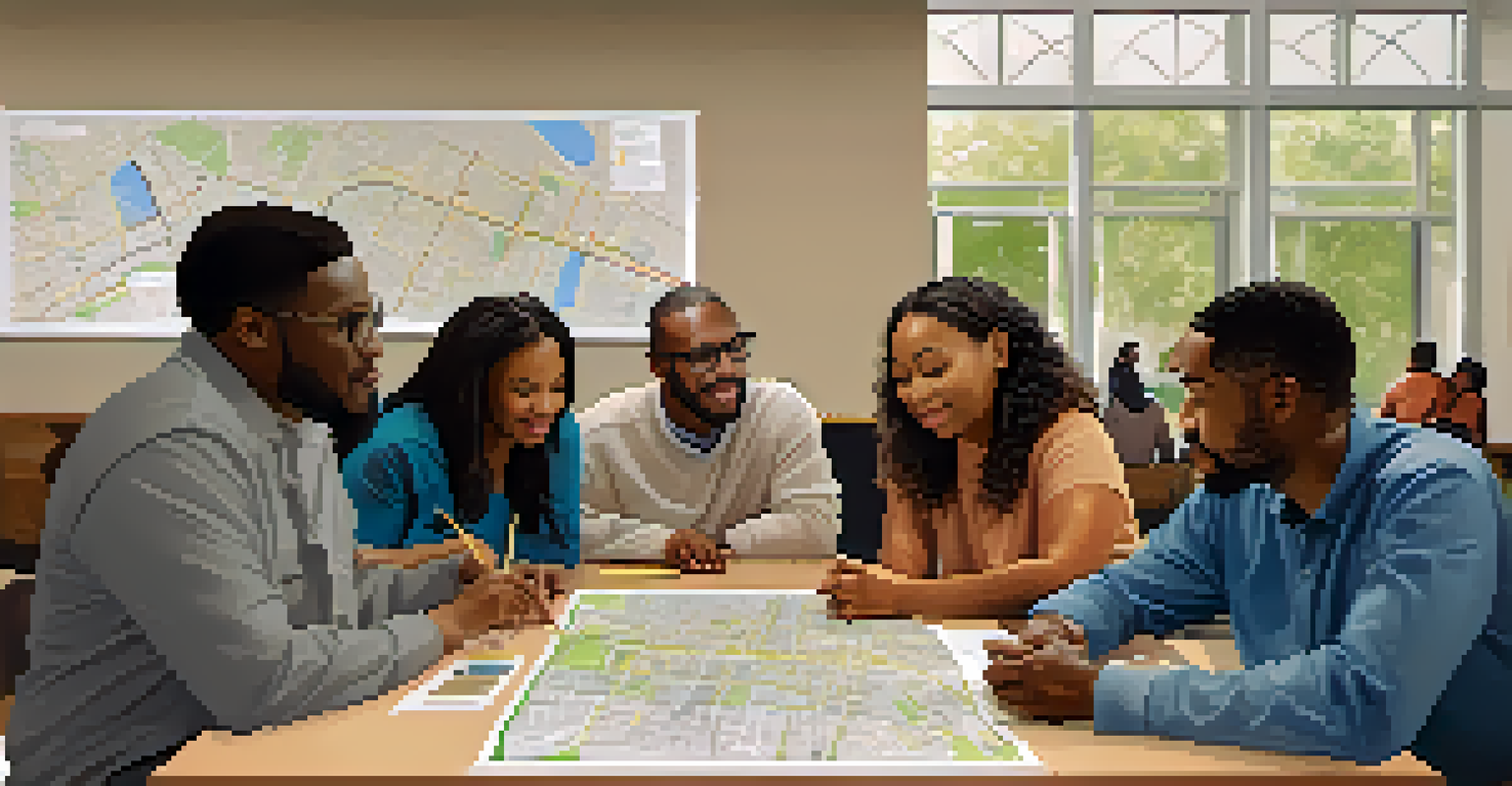 Residents in a Dallas community meeting discussing public transit accessibility, with maps and plans visible on a table in a warmly lit room.