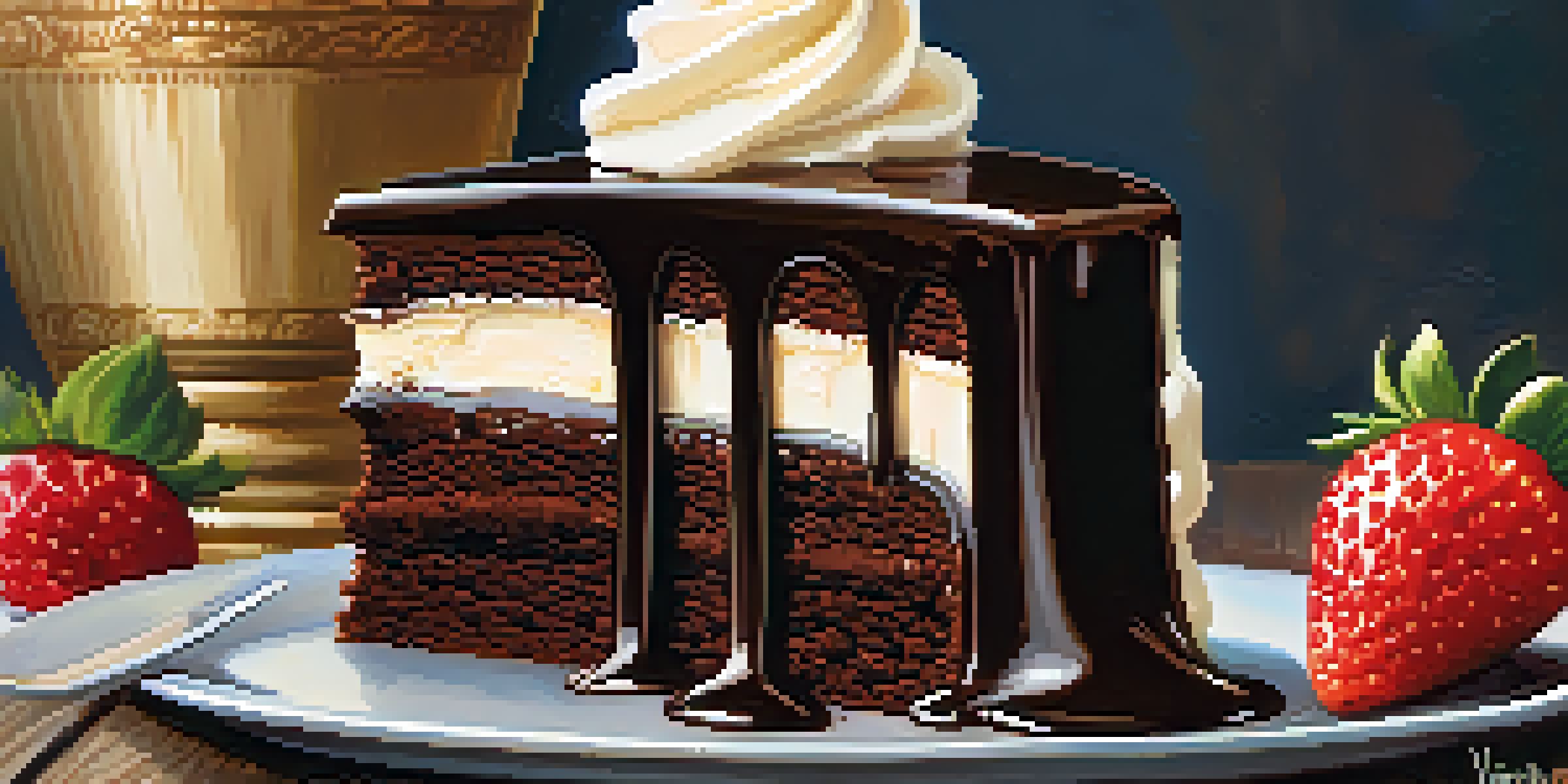 A slice of chocolate cake with ganache on a wooden table, accompanied by strawberries and vanilla ice cream.