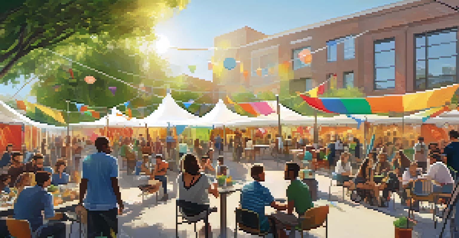 A community gathering in an innovation district with people attending workshops and enjoying the vibrant atmosphere.