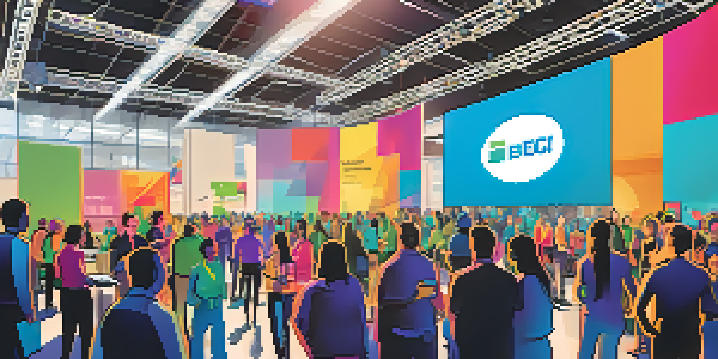 A vibrant tech conference with diverse people interacting and a speaker presenting on stage.