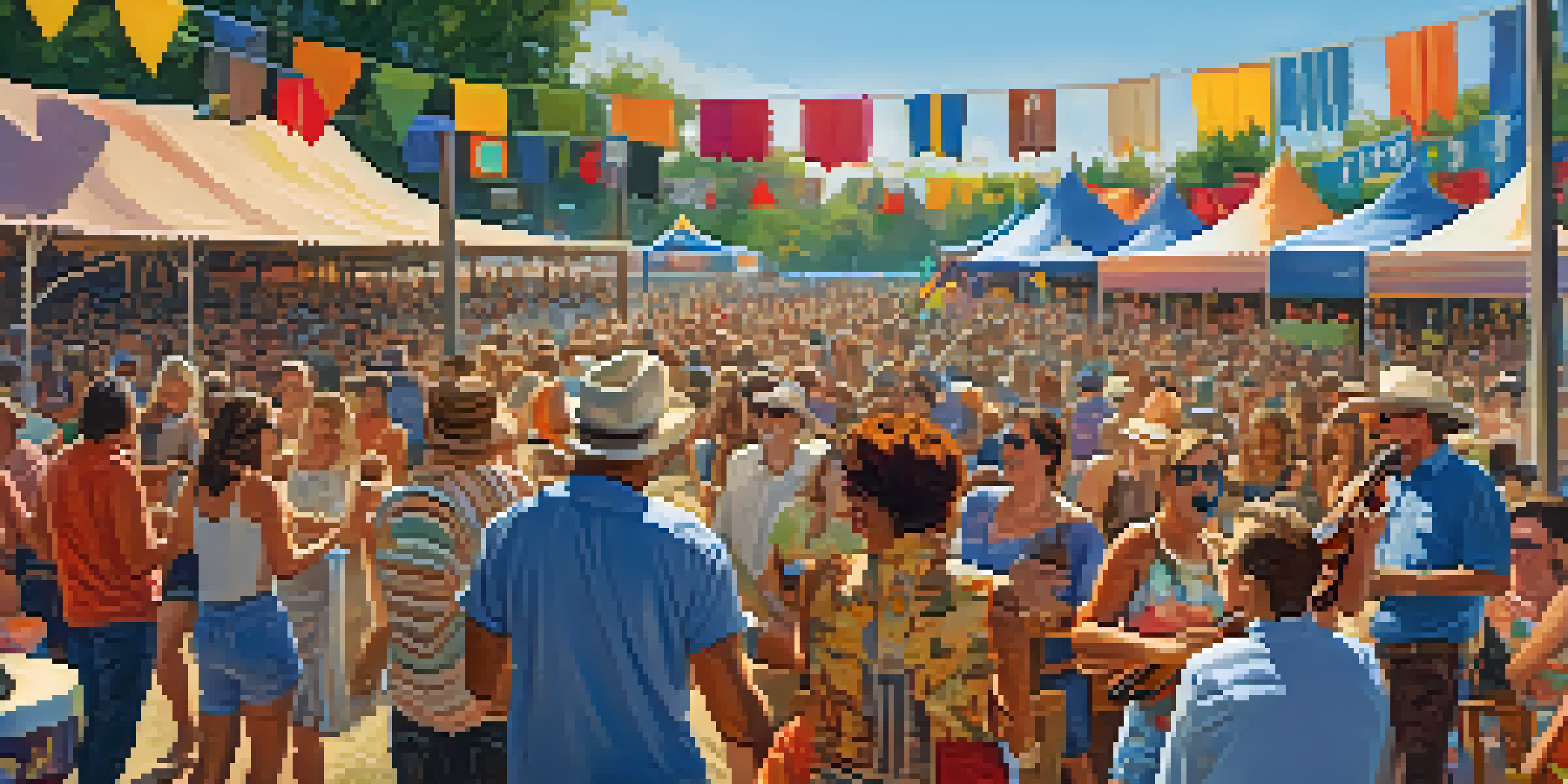 A diverse crowd enjoying a country music festival in Dallas with musicians performing on stage and colorful decorations.