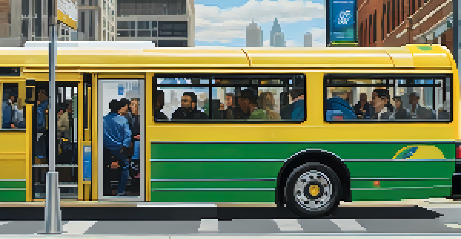 A close-up of a DART bus at a bus stop, with commuters checking their phones for real-time transit updates.