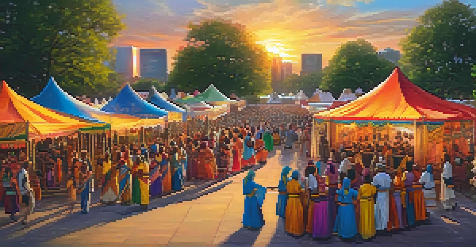A lively festival scene with people in traditional clothing celebrating cultural diversity, with colorful tents and performers.