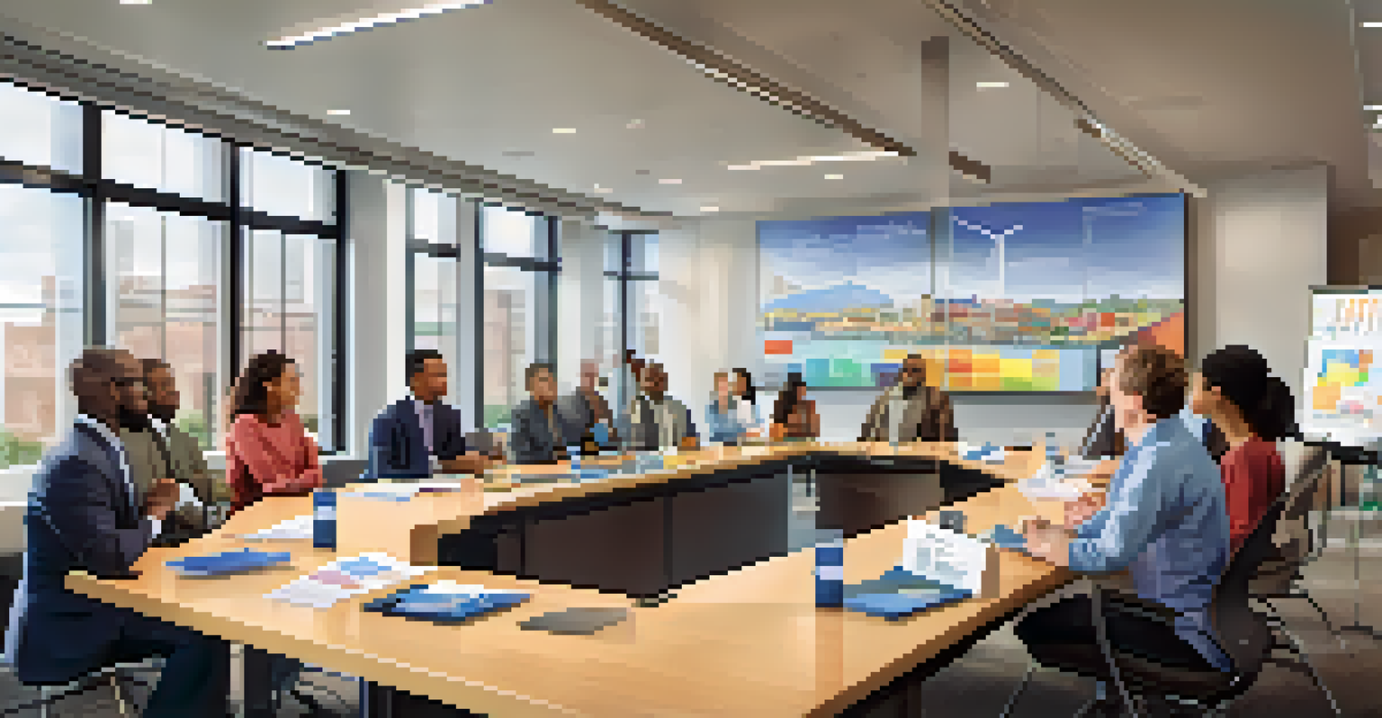 A diverse group of people in a conference room discussing economic resilience strategies with charts and graphs displayed.
