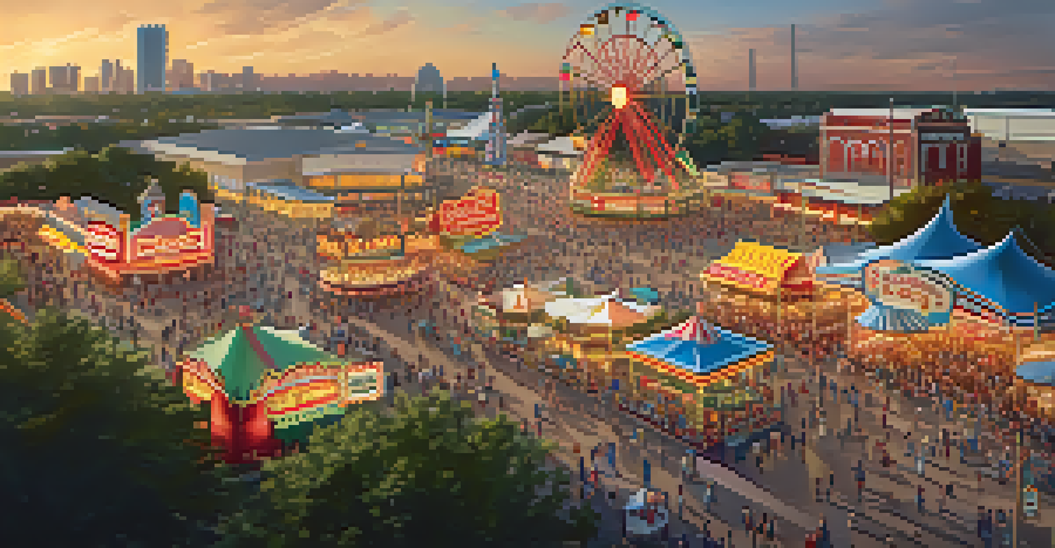 An aerial view of the State Fair of Texas in Dallas, featuring colorful rides and food stalls, filled with people enjoying the fair.