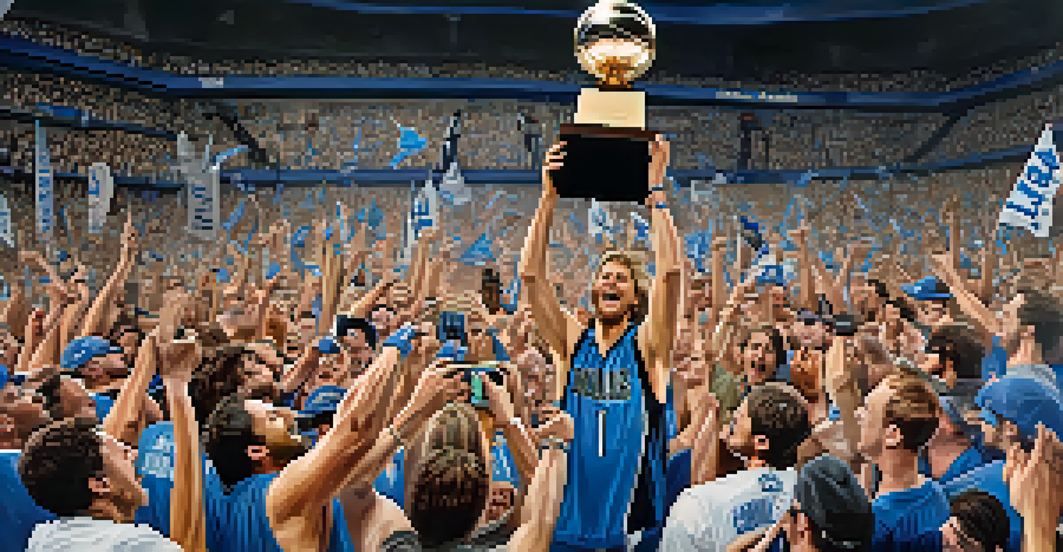 Dirk Nowitzki holding the NBA Championship trophy with cheering fans around him in a colorful arena.