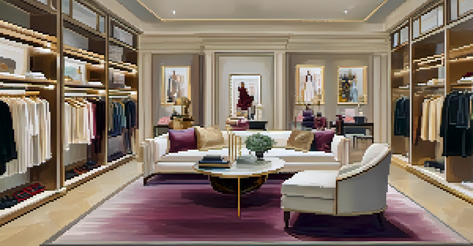 An upscale boutique interior in Uptown Dallas with a personal shopper assisting a customer among designer clothing.