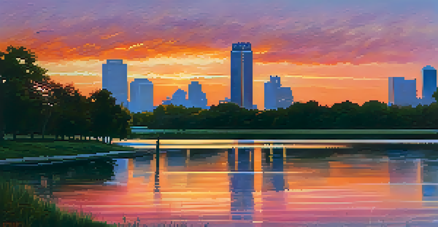 A breathtaking sunset over White Rock Lake, featuring the Dallas skyline and colorful reflections on the water, with people on the trail.