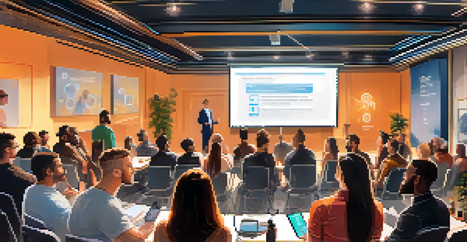 A speaker presenting at a blockchain meetup with an audience engaged in discussion.