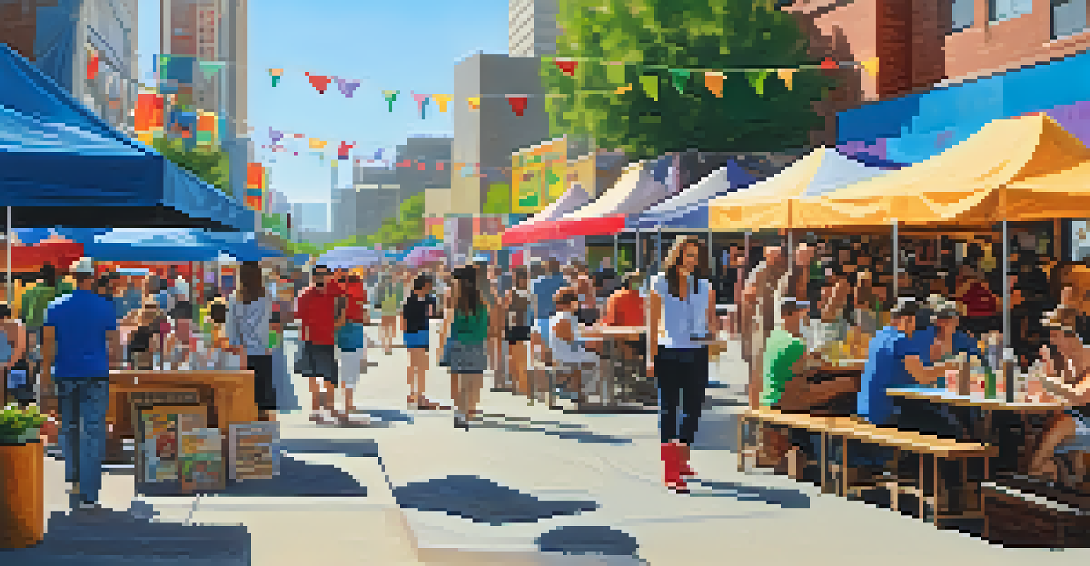 A lively street scene in the Dallas Arts District during a festival, showing colorful booths, artists, and people enjoying live music.