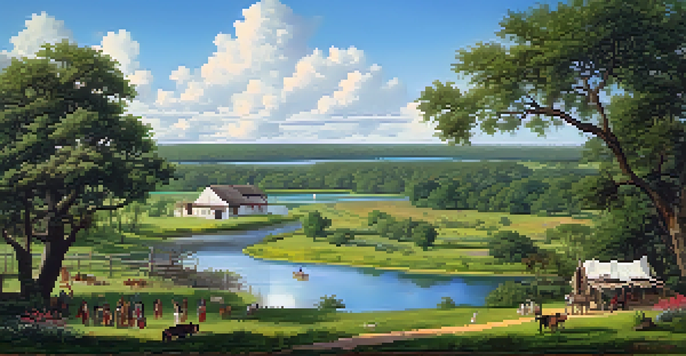 A historical representation of early 19th century Texas with Native American tribes, showcasing a lush landscape, colorful wildflowers, a river, traditional dwellings, and a blue sky.