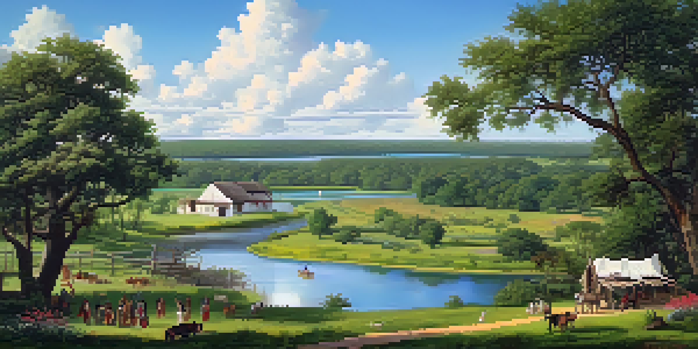A historical representation of early 19th century Texas with Native American tribes, showcasing a lush landscape, colorful wildflowers, a river, traditional dwellings, and a blue sky.
