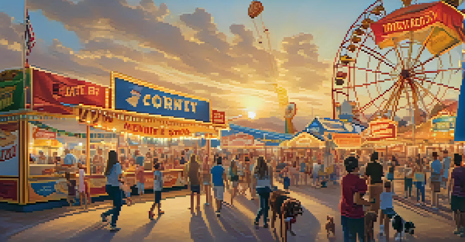 Families enjoying the vibrant atmosphere of the State Fair of Texas with rides, food stalls, and colorful decorations.