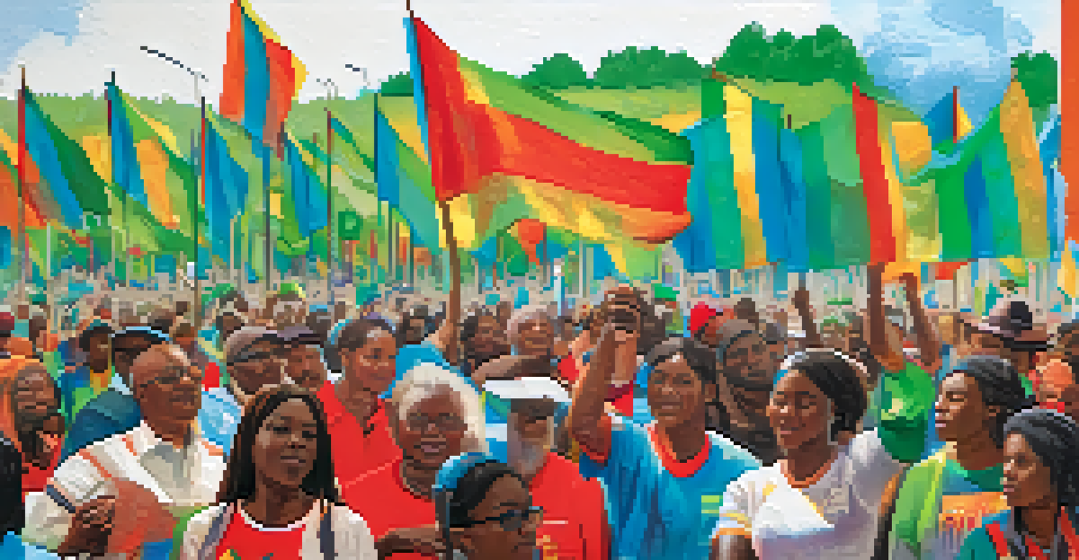 Close-up of hands holding a 'Housing for All' banner at a community rally, with diverse people in the background.