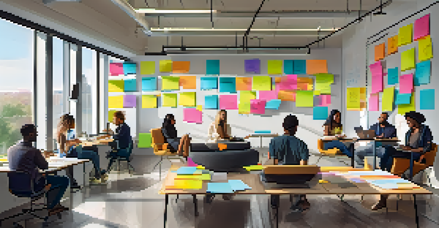 Inside a tech incubator, diverse entrepreneurs collaborate with laptops and colorful notes in a bright, modern space.