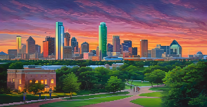Panoramic view of the Dallas skyline at sunset with vibrant colors and a green park in the foreground.