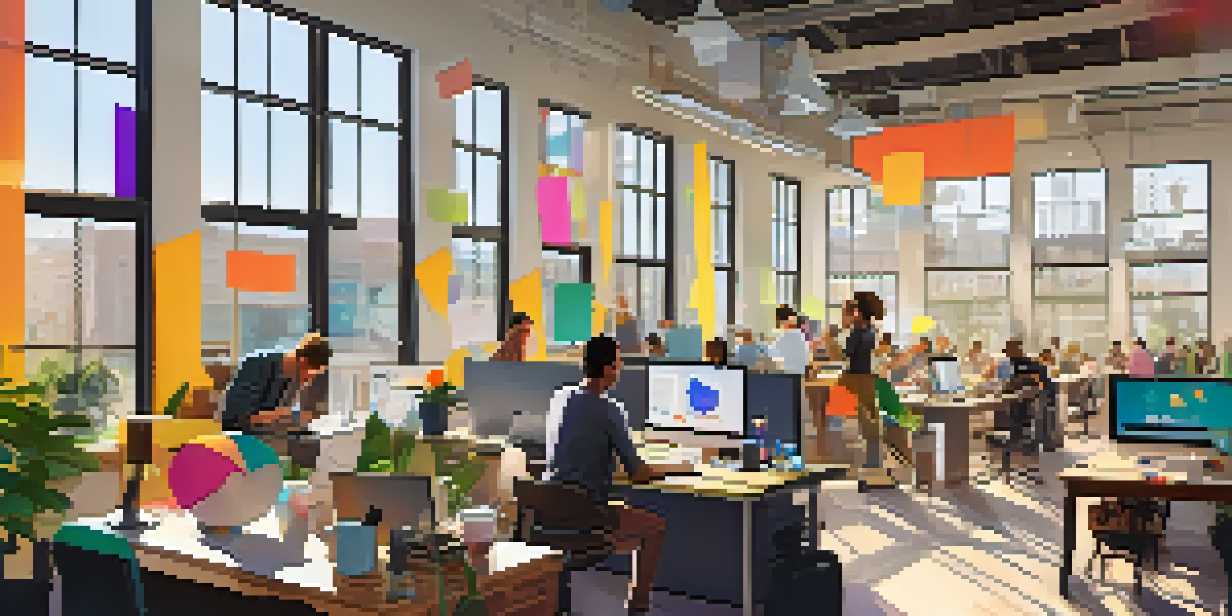 A vibrant startup incubator in Dallas with entrepreneurs working together in a modern open workspace, filled with sunlight and colorful artwork.