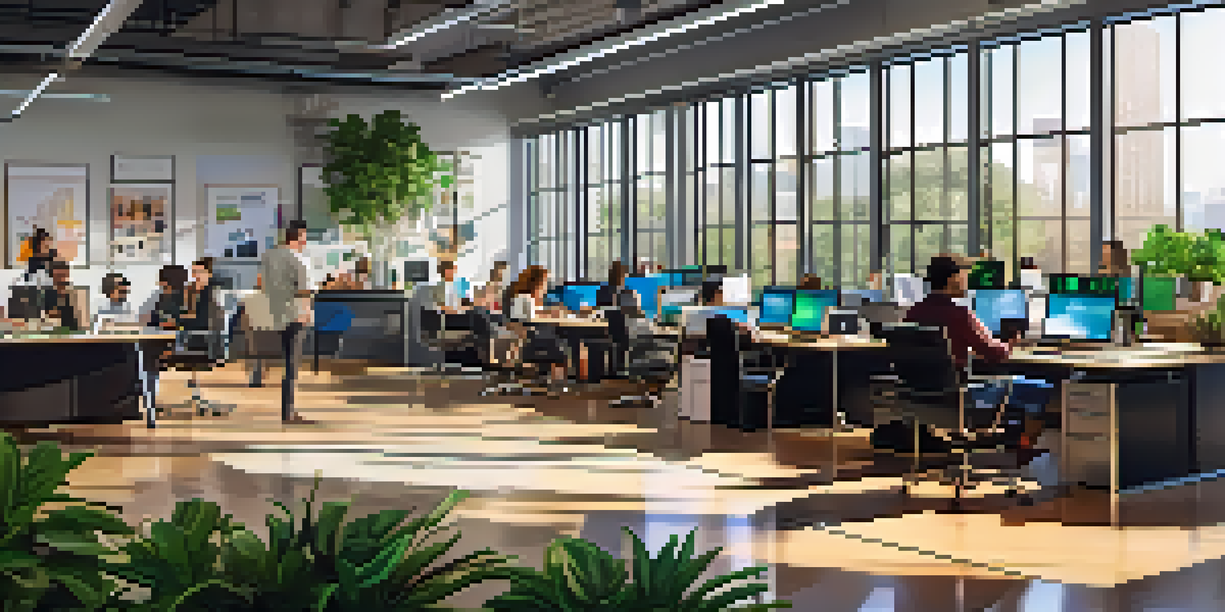 A diverse group of professionals collaborating in a bright, modern tech office with laptops and gadgets.