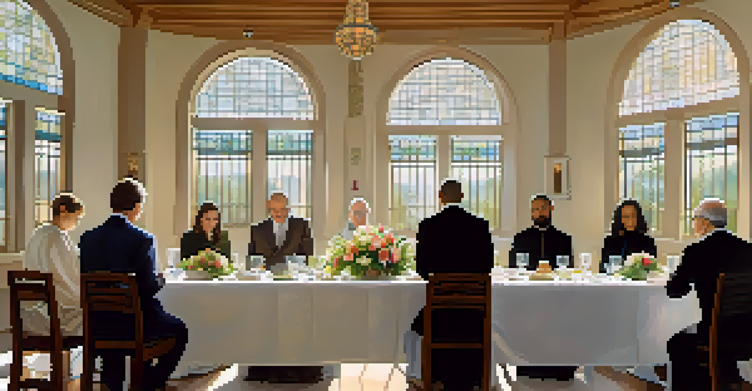 Religious leaders from different faiths standing in a circle for a prayer at an interfaith breakfast event.