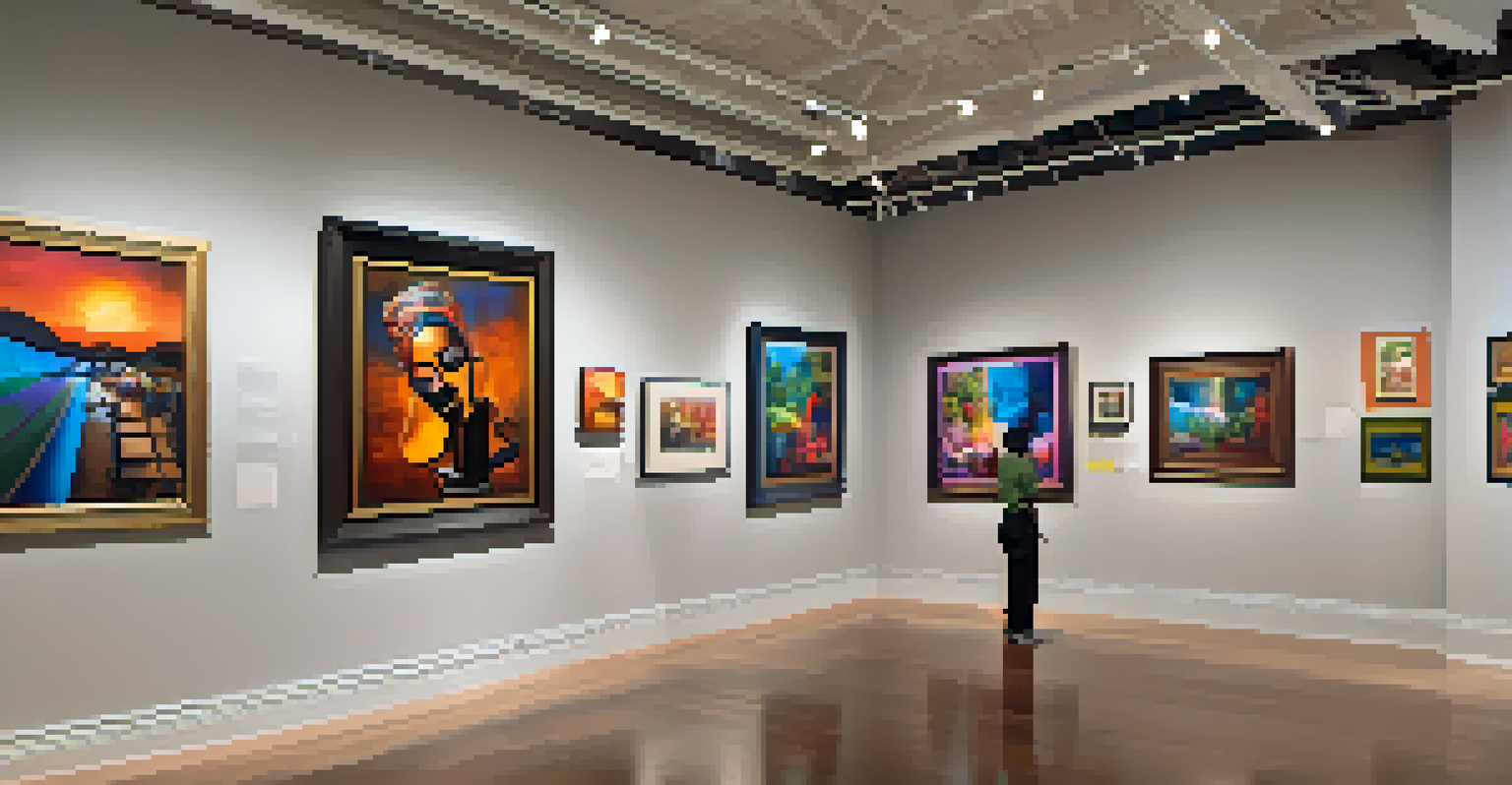 An art exhibit in an African American museum featuring colorful paintings and sculptures by local artists, with spotlights illuminating the artwork in a spacious gallery.