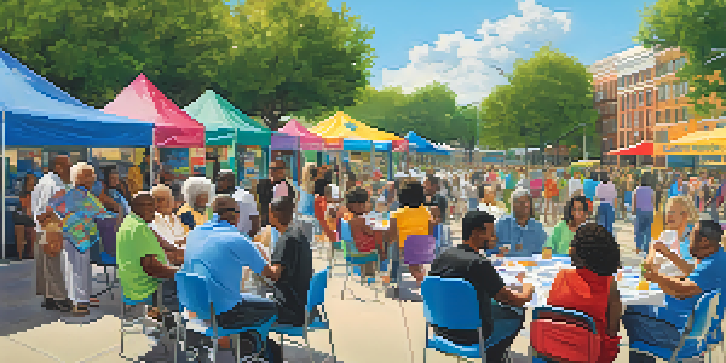 A lively community engagement forum in Dallas, showcasing residents of various ages discussing housing needs in a park setting.