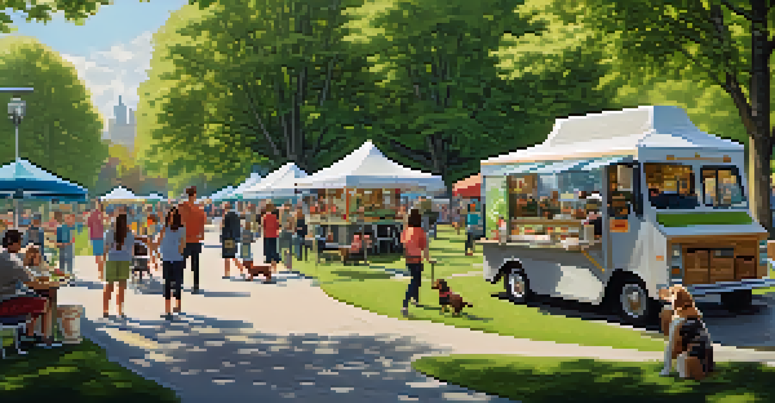 A park filled with food trucks, people eating gourmet food, and dogs playing in the green space.