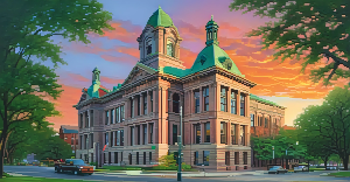 The Dallas County Courthouse illuminated by sunset, featuring red granite architecture and a towering clock tower, with visitors in the foreground.