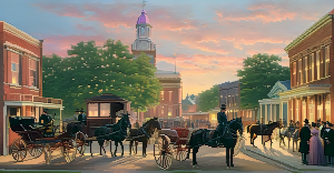 A historical scene of early Dallas governance with council members in period attire outside a small town hall, surrounded by horse-drawn carriages at sunset.
