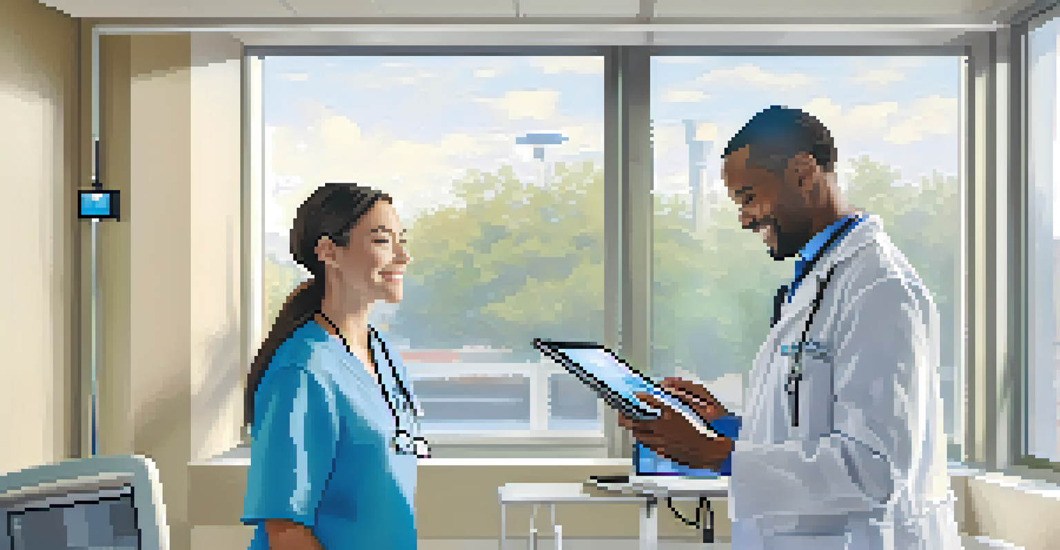 A healthcare professional using a tablet to consult with a patient in a bright hospital room.