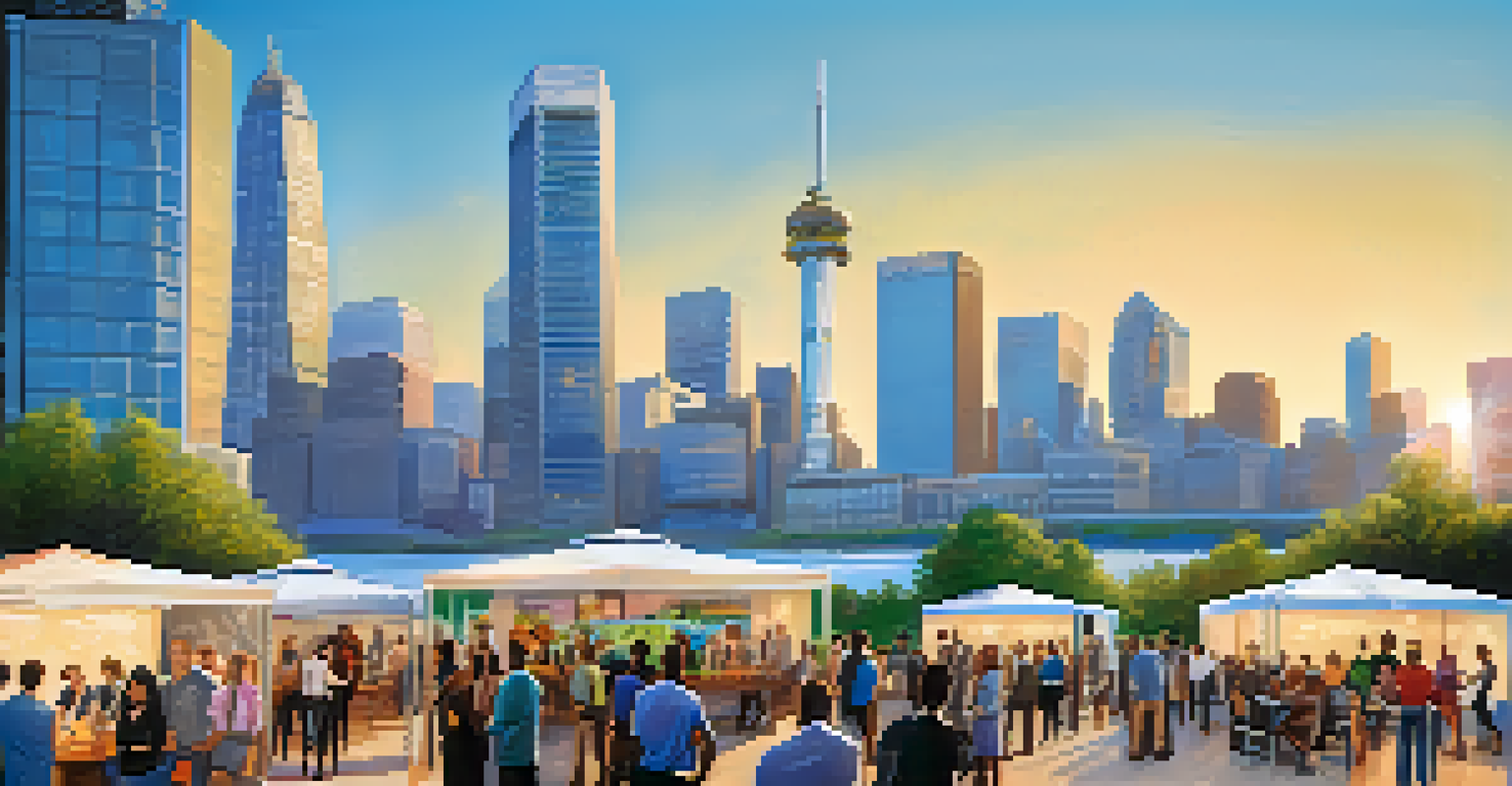 An outdoor event where entrepreneurs display their startup ideas at booths, with a bustling atmosphere and a city skyline in the background.