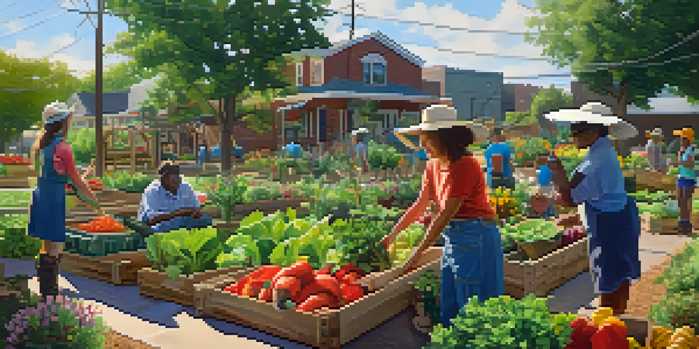 A lively community garden with people of various ages planting and harvesting vegetables in a sunny Dallas neighborhood.