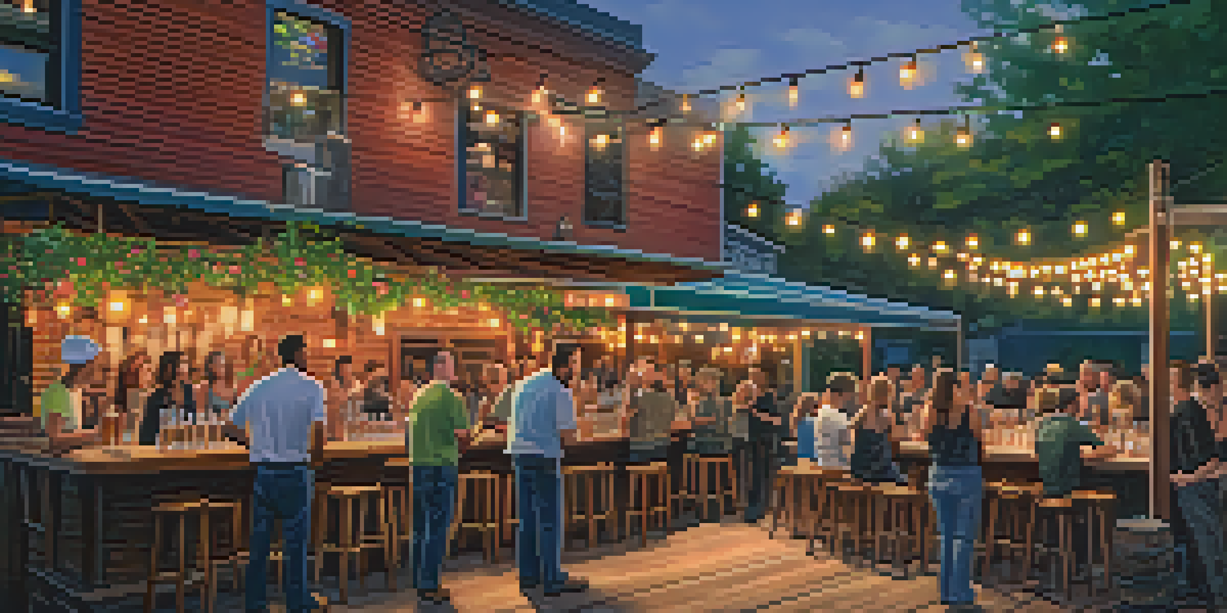 An outdoor scene at a local brewery in Dallas with people enjoying drinks, string lights, and a live band.