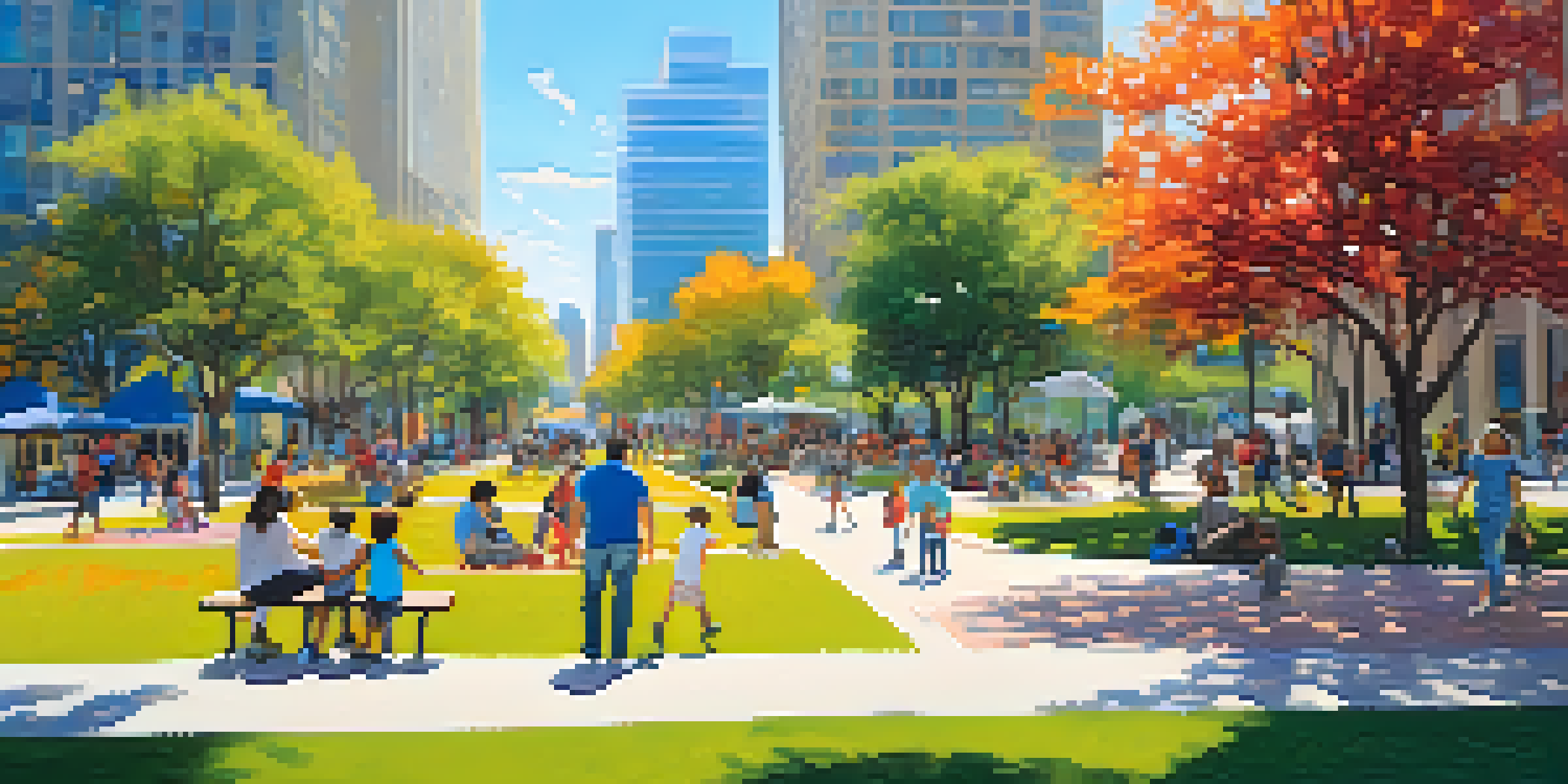 Families enjoying a sunny day at Klyde Warren Park, with children playing in the playground and food trucks in the background.