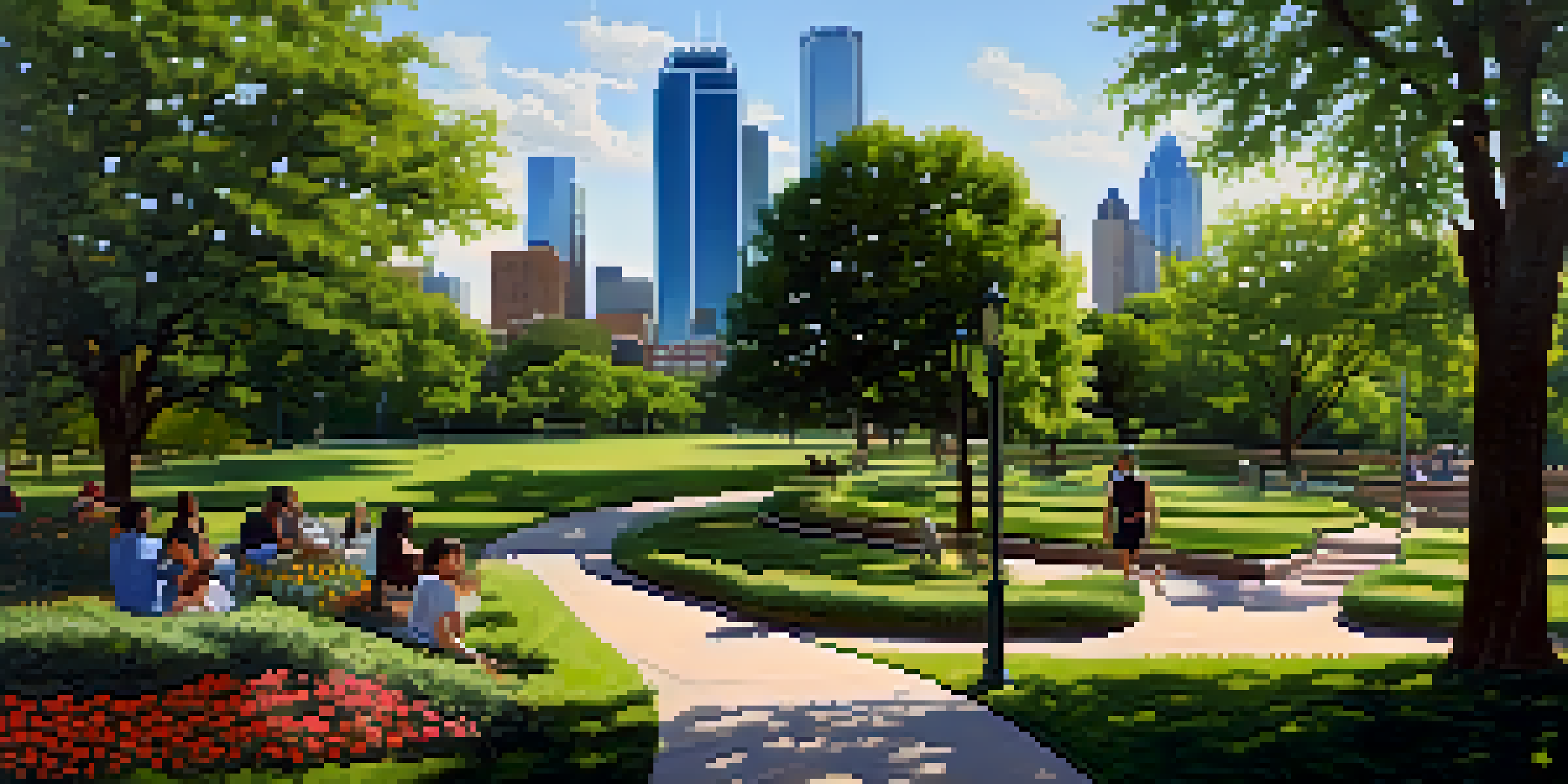 A peaceful urban park in Dallas with green trees, colorful flowers, and people walking along a path, with the city skyline in the background.