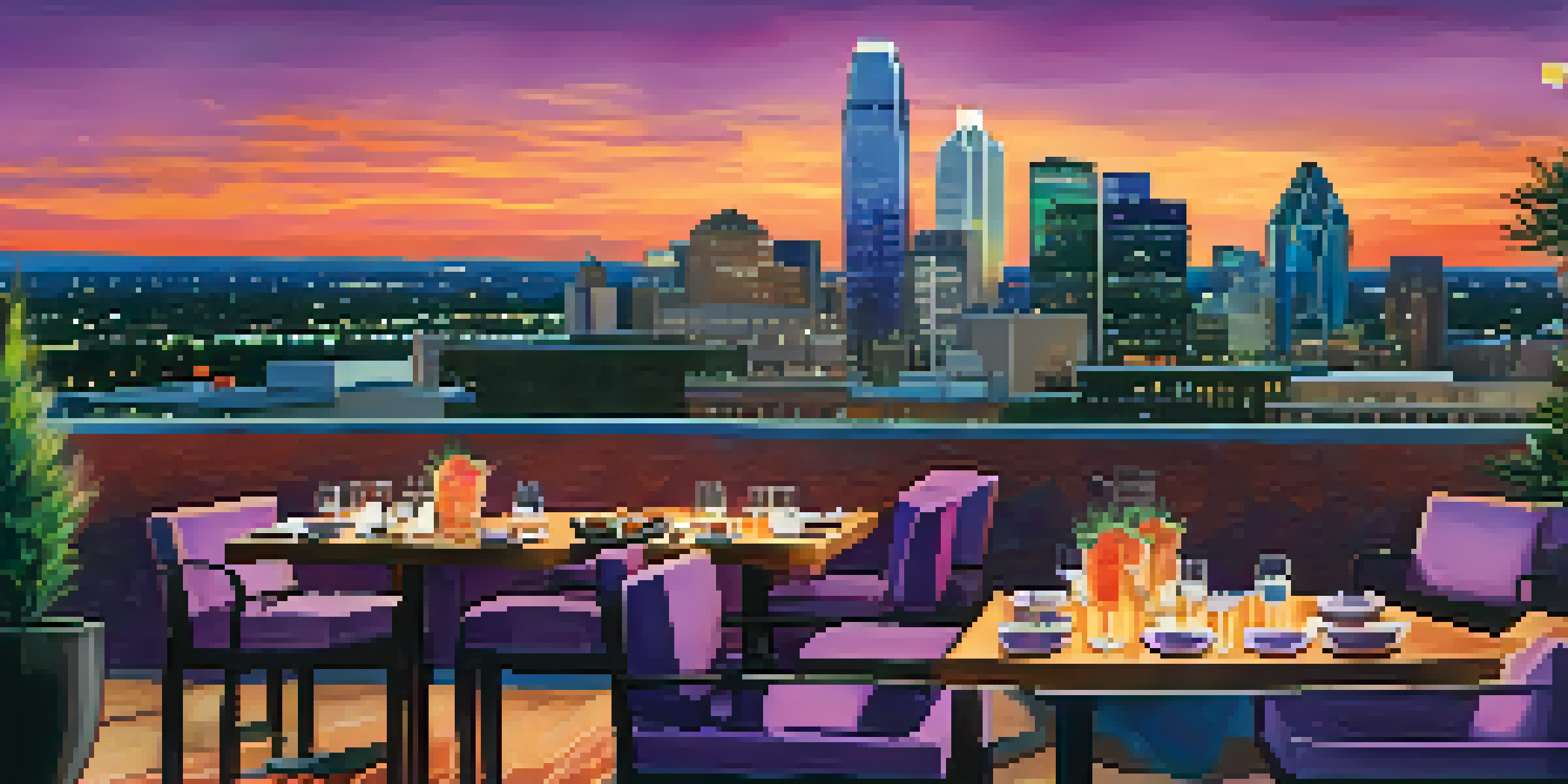 A sunset view of the Dallas skyline from a rooftop lounge, with elegantly set tables and colorful cocktails.