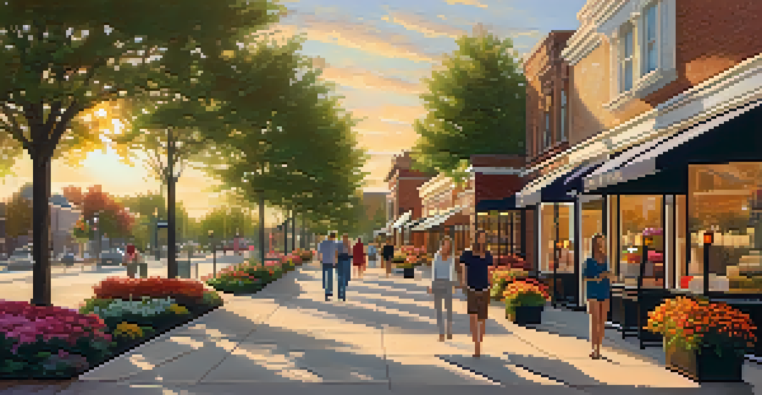 A busy shopping area in Southlake Town Square with elegant storefronts, shoppers, and vibrant landscaping under a warm sunset.