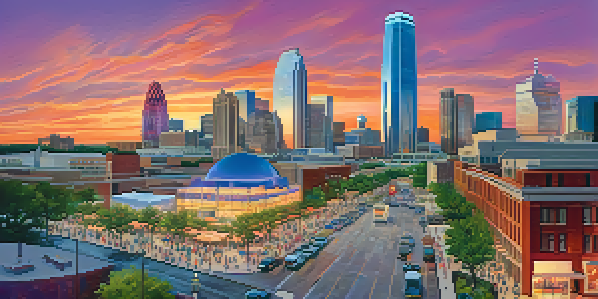 A panoramic view of downtown Dallas during sunset with vibrant colors in the sky and bustling street life.