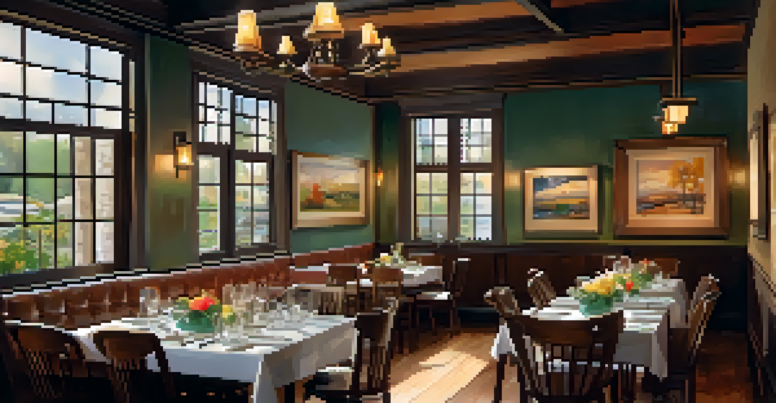The elegant interior of The Artisan's Table restaurant with a beautifully set table showcasing colorful seasonal dishes, illuminated by soft warm lighting.