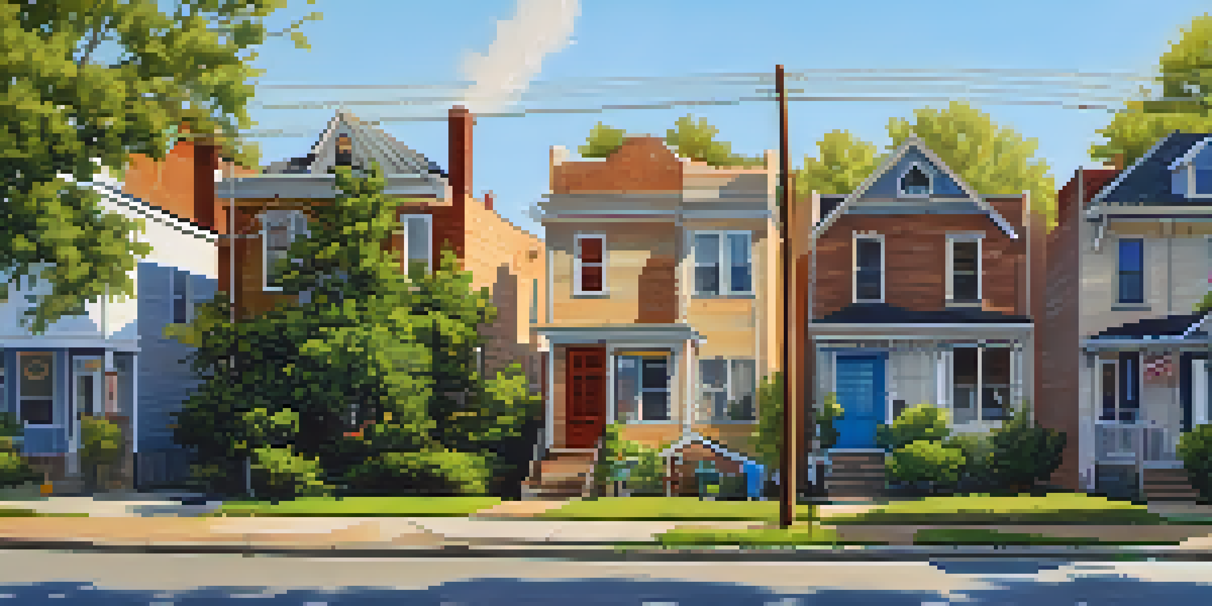 A sunny Dallas neighborhood showing a contrast between beautiful homes and a dilapidated building, with blooming flowers in the foreground.