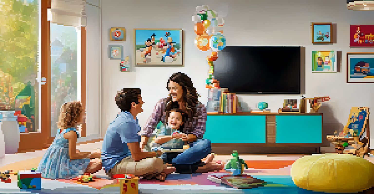 A family listening to Radio Disney AM 620 in a cheerful living room filled with Disney-themed decorations and happy children.