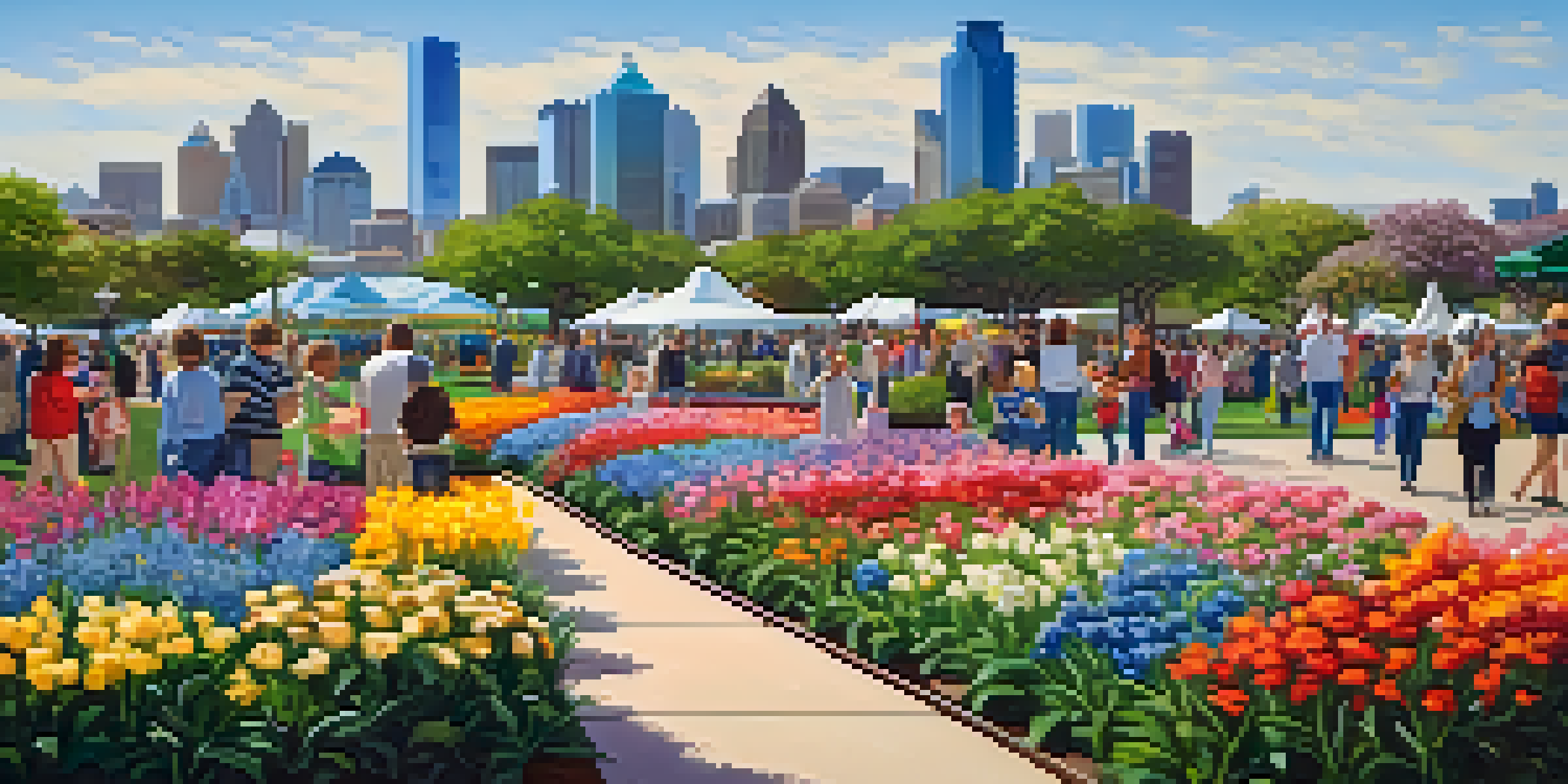 A lively festival scene with colorful flowers and people enjoying a sunny day in Dallas.