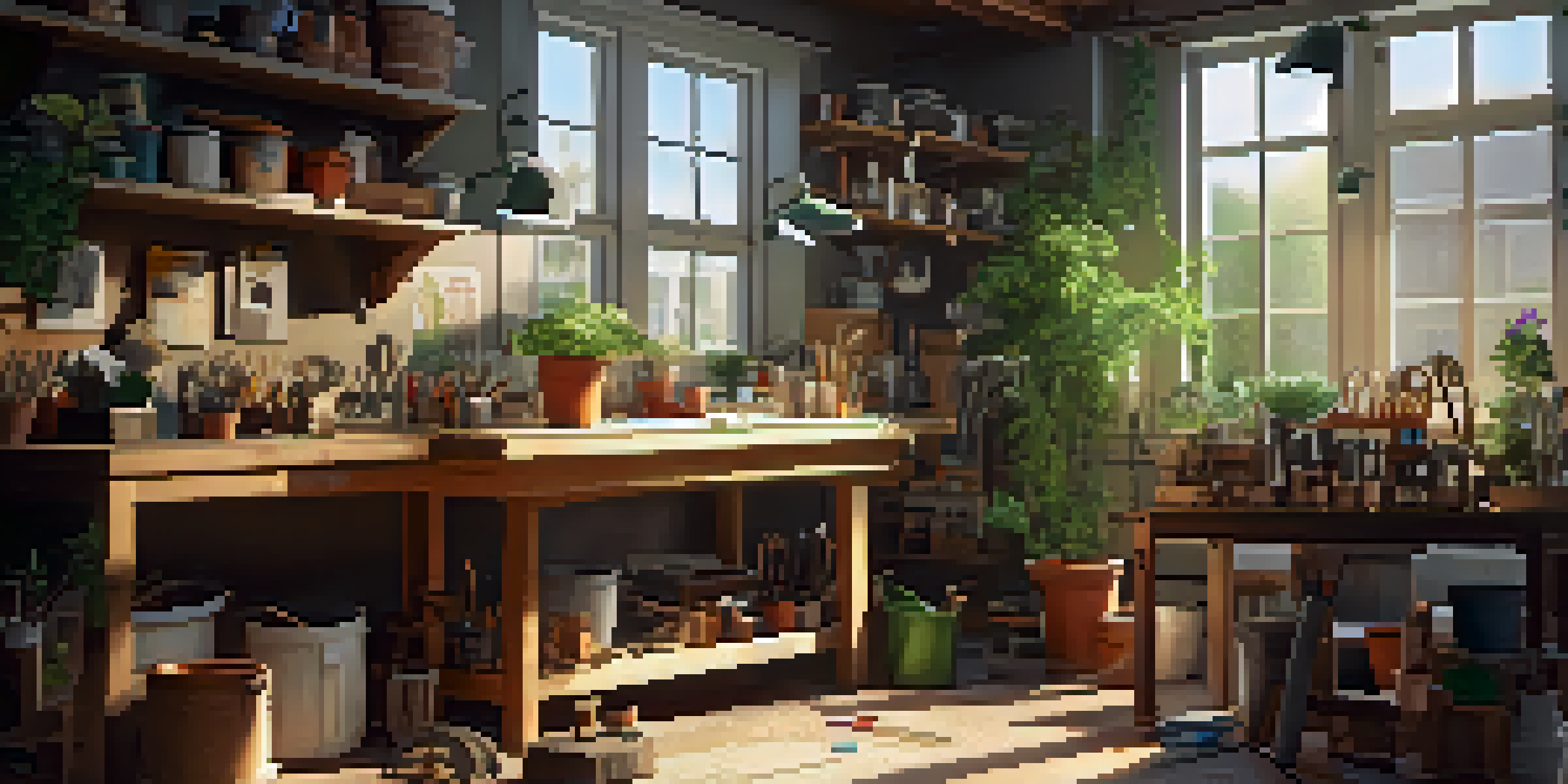 A cozy home improvement workshop with a wooden workbench full of tools and materials, bathed in warm sunlight.