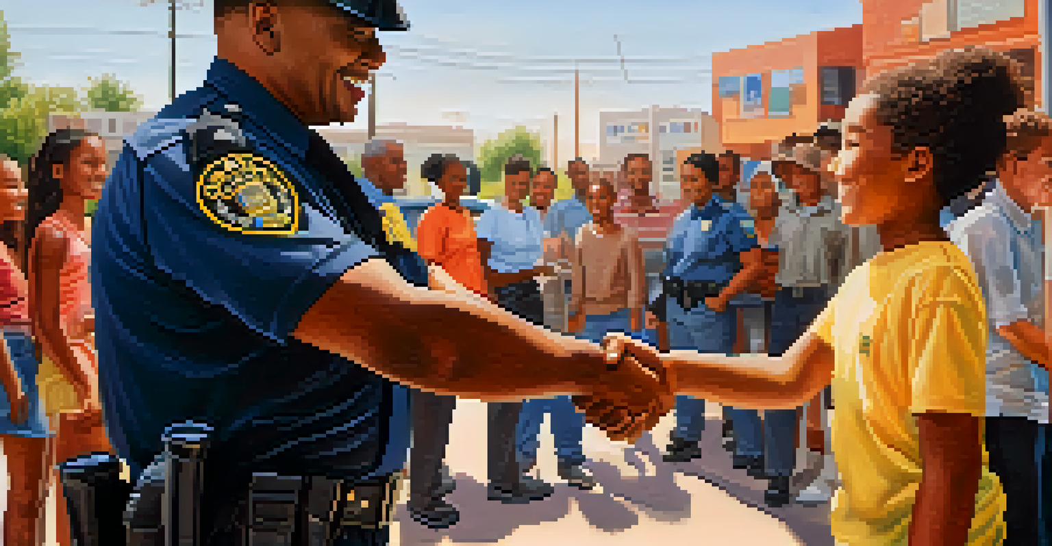 A police officer shaking hands with a young person, surrounded by smiling community members, representing trust and collaboration.