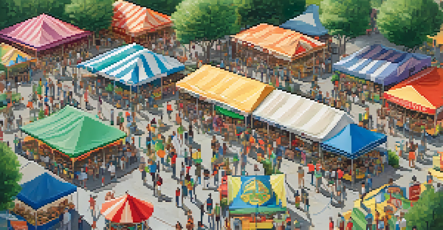 An aerial view of a vibrant community event in Dallas featuring tents, food stalls, and engaged residents.